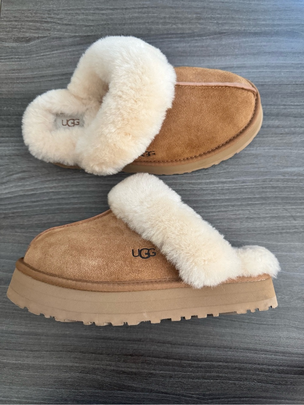 UGG Chestnut Suede Shearling Mule Slippers with Cream Fur